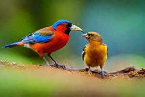 deux coloré des oiseaux permanent sur une branche. généré par ai photo