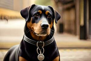 une Rotweiler chien est séance sur le sol. généré par ai photo