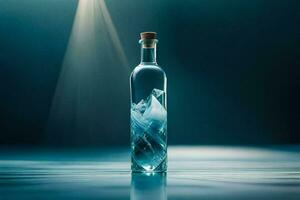 une bouteille de Vodka avec une lumière brillant sur il. généré par ai photo