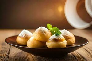 une assiette de beignets avec en poudre sucre sur Haut. généré par ai photo