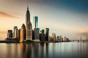 le Manhattan horizon à le coucher du soleil. généré par ai photo