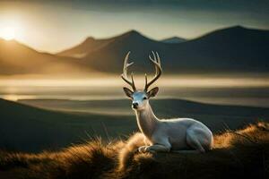 une blanc cerf est séance sur une colline avec le Soleil réglage derrière il. généré par ai photo