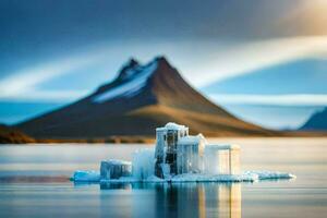 icebergs flottant dans le l'eau avec montagnes dans le Contexte. généré par ai photo