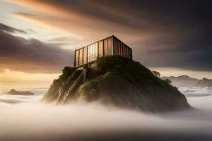 une maison sur Haut de une Montagne entouré par des nuages. généré par ai photo