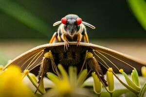 une proche en haut de une papillon de nuit avec rouge yeux. généré par ai photo