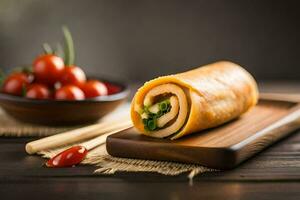 une rouleau avec des légumes et tomates sur une en bois Coupe planche. généré par ai photo