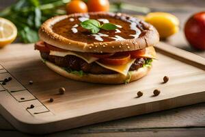 une Hamburger avec fromage et tomate sur une en bois Coupe planche. généré par ai photo