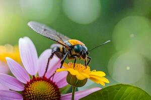 une abeille sur une fleur avec une vert Contexte. généré par ai photo