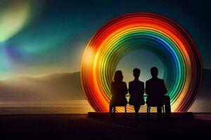 Trois gens asseoir sur une banc dans de face de une arc-en-ciel. généré par ai photo