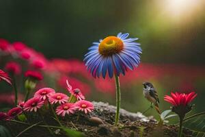 une oiseau est permanent sur Haut de une fleur. généré par ai photo