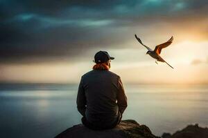 une homme séance sur une Roche avec une oiseau en volant plus de lui. généré par ai photo