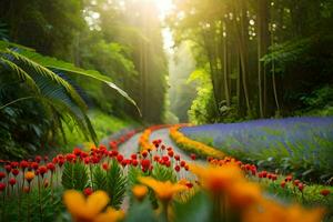 une chemin par une forêt avec fleurs et des arbres. généré par ai photo