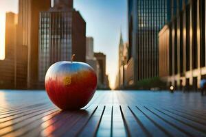 un Pomme est assis sur une en bois sol dans de face de grand bâtiments. généré par ai photo