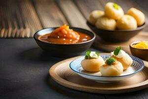 une assiette avec certains nourriture sur il et boules de aliments. généré par ai photo