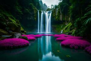 le cascade dans le jungle avec rose fleurs. généré par ai photo