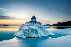 une église sur un iceberg dans le milieu de le océan. généré par ai photo