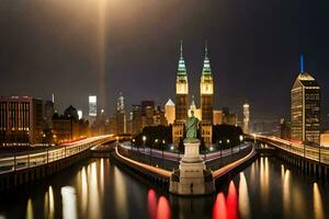 le statue de liberté est vu dans le Contexte de une ville à nuit. généré par ai photo
