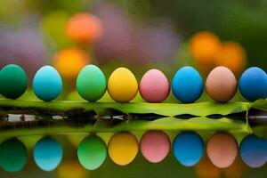 coloré des œufs sont doublé en haut sur une feuille. généré par ai photo