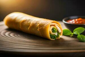 une emballage avec sauce et basilic feuilles sur une en bois plaque. généré par ai photo