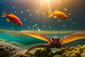 photo fond d'écran le mer, poisson, étoile de mer, corail, le soleil, poisson, étoile de mer. généré par ai