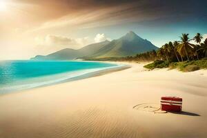 une rouge valise est assis sur le plage avec paume des arbres et montagnes dans le Contexte. généré par ai photo