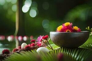 photo fond d'écran fleurs, le ciel, le eau, le vert, le palmier, le fleurs,. généré par ai