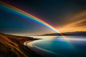 une arc en ciel est vu plus de le océan et montagnes. généré par ai photo