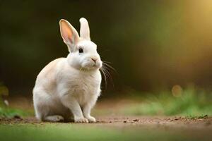 blanc lapin séance sur le sol dans le lumière du soleil. généré par ai photo