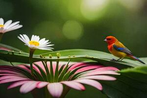 une petit oiseau est perché sur une fleur. généré par ai photo