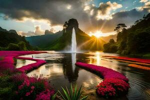 une cascade et fleurs dans le premier plan. généré par ai photo