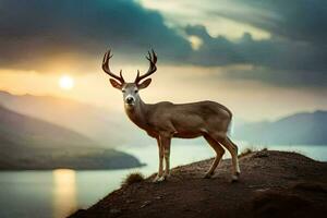 une cerf des stands sur une colline surplombant une lac. généré par ai photo