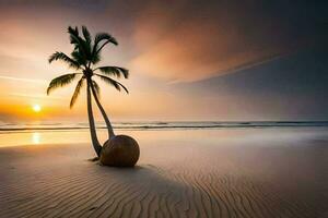 le noix de coco paume arbre sur le plage à le coucher du soleil. généré par ai photo