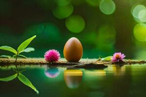 un Oeuf séance sur une Journal dans le l'eau avec fleurs. généré par ai photo