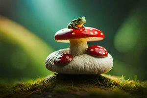 une grenouille est assis sur Haut de une champignon. généré par ai photo