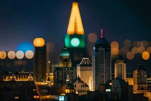 une ville horizon allumé en haut à nuit avec une brillant lumière. généré par ai photo