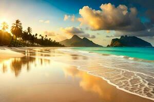 une magnifique plage avec paume des arbres et montagnes. généré par ai photo