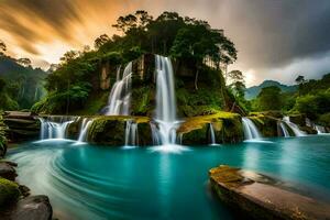 cascade dans le jungle à le coucher du soleil. généré par ai photo