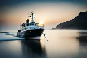 une bateau en voyageant sur le océan à le coucher du soleil. généré par ai photo