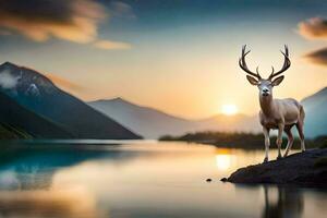 une cerf des stands sur le bord de une Lac à le coucher du soleil. généré par ai photo