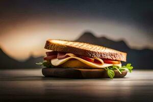 une sandwich avec fromage et Viande sur une en bois planche. généré par ai photo