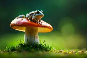 une grenouille est assis sur Haut de une champignon. généré par ai photo