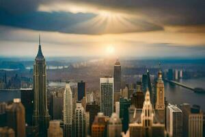 le Soleil brille plus de le ville horizon dans Nouveau York. généré par ai photo