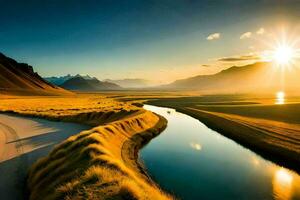 le Soleil monte plus de le montagnes et le rivière. généré par ai photo