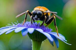 une abeille sur une bleu fleur avec une vert Contexte. généré par ai photo