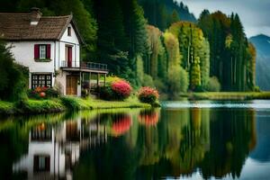 une maison est assis sur le bord de une lac. généré par ai photo