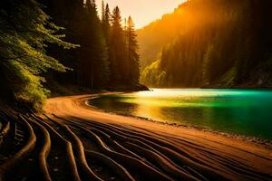 une Lac entouré par des arbres et une rivière. généré par ai photo