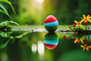 Pâques Oeuf dans le l'eau avec fleurs et herbe. généré par ai photo