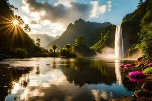 le Soleil brille sur une cascade dans le montagnes. généré par ai photo