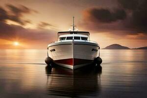 une bateau est flottant dans le océan à le coucher du soleil. généré par ai photo