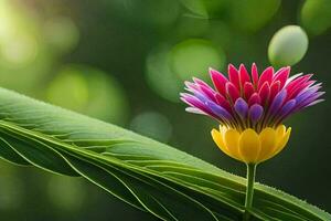 une coloré fleur est sur Haut de une feuille. généré par ai photo